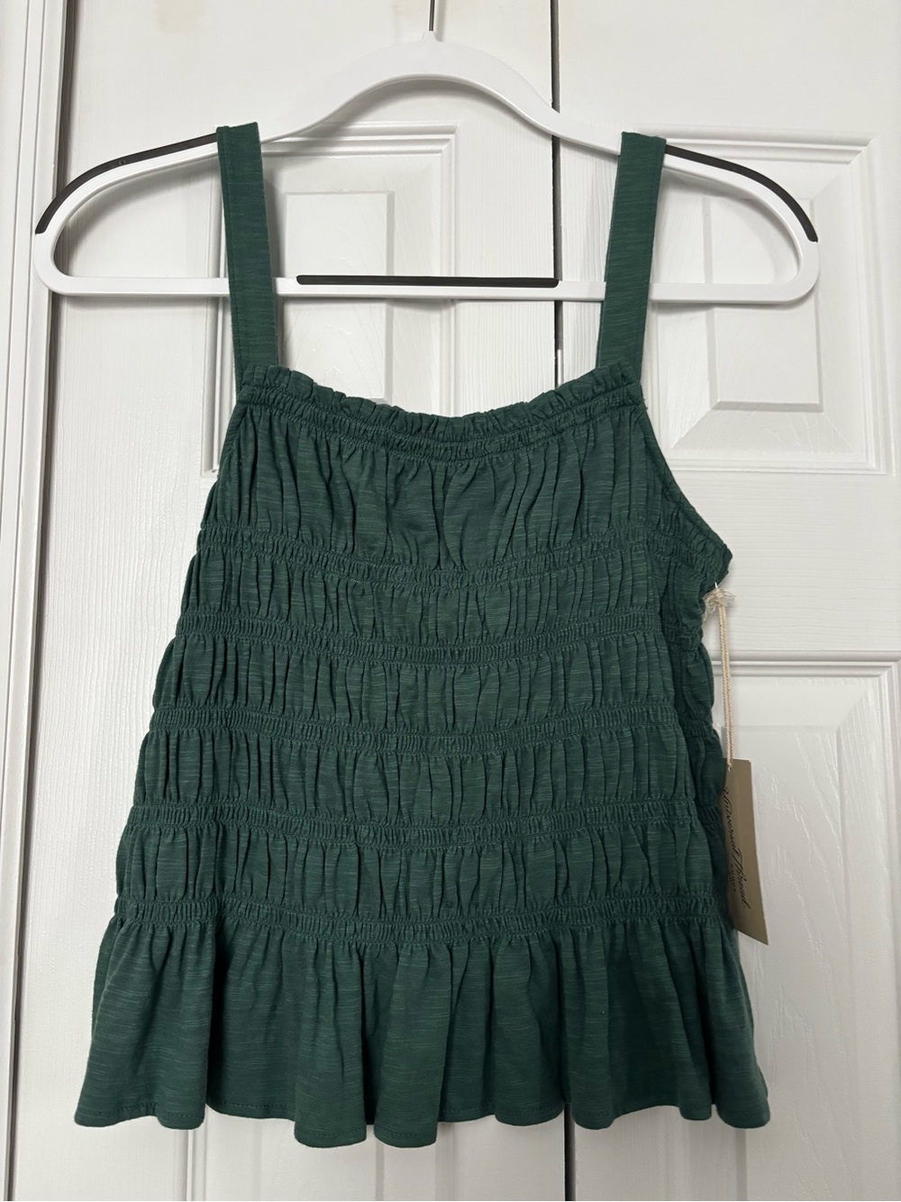 Universal Thread Dark Green Smocked Tank with Ruffle Hem